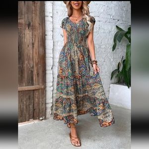 Women's Ethnic Pattern Ruffle Hem Shirred Batwing Sleeve Spring Dress Multicolor